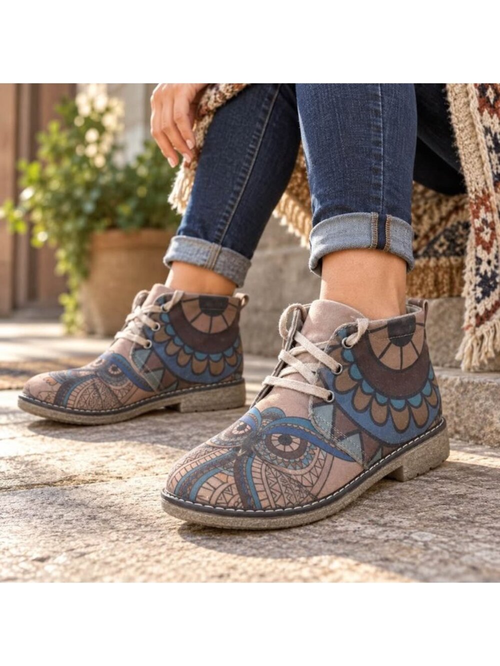 Goby Women’s Owl Print Ankle Boots EU 39 US 8.5 Lace Up Chukka